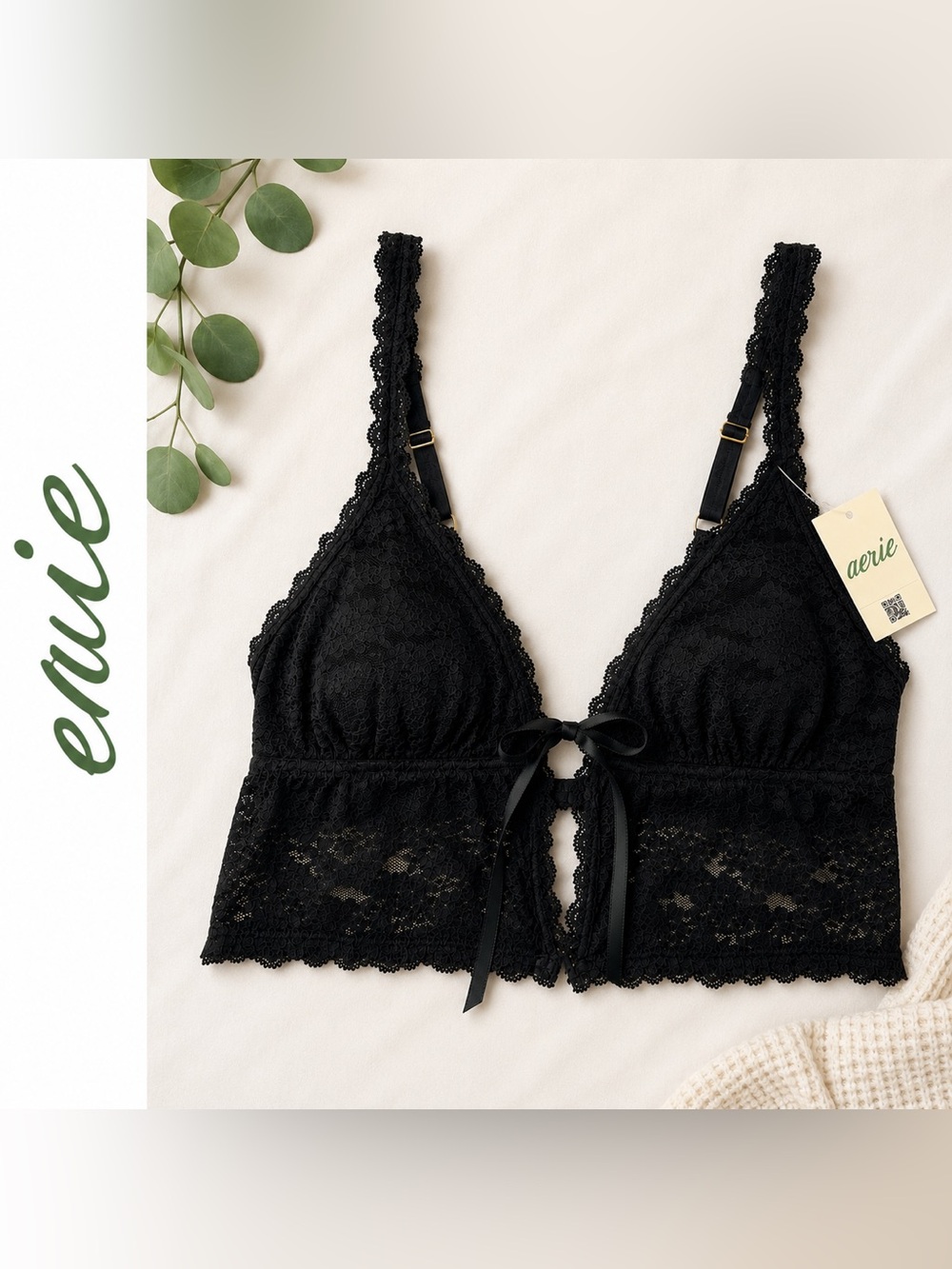 Aerie Lace Longline Bralette Black Tie Front NWT Size Medium‎ Lingerie